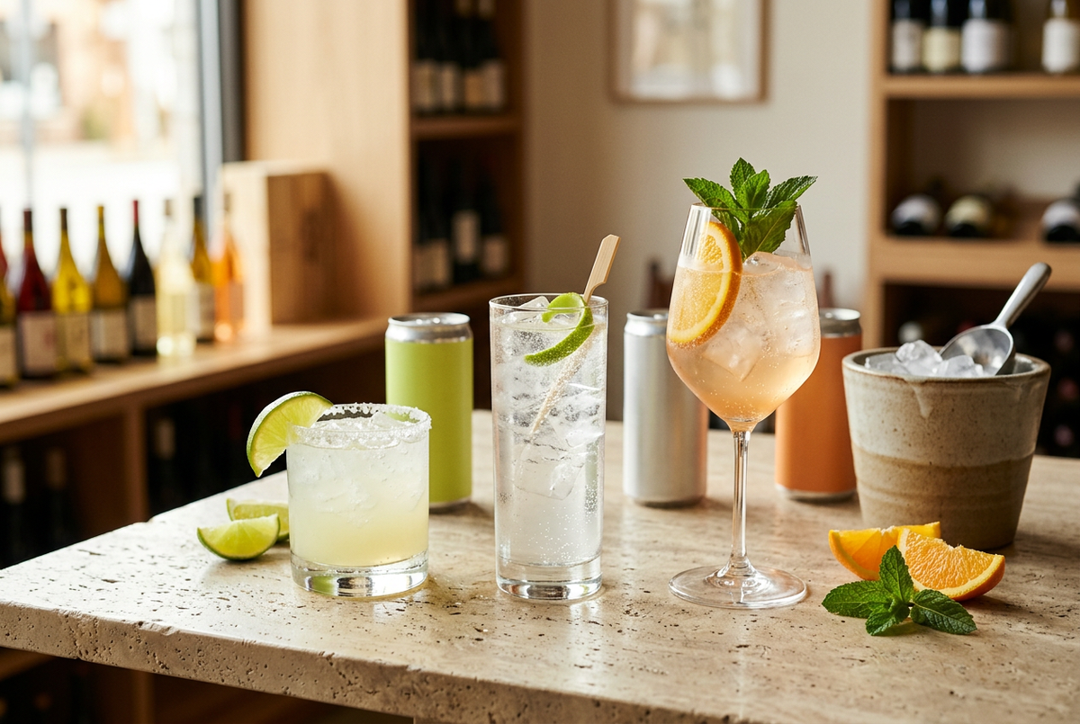 Illustration of margarita, highball and sparkling cocktail serving styles with citrus and unbranded cans.