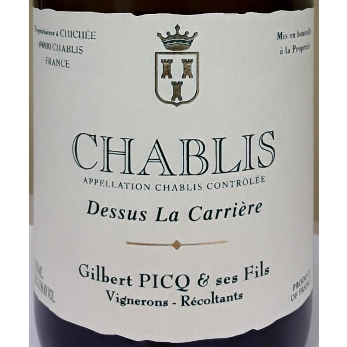 Gilbert Picq Dessus la Carriere Chablis 2023 white wine bottle 750mL from France