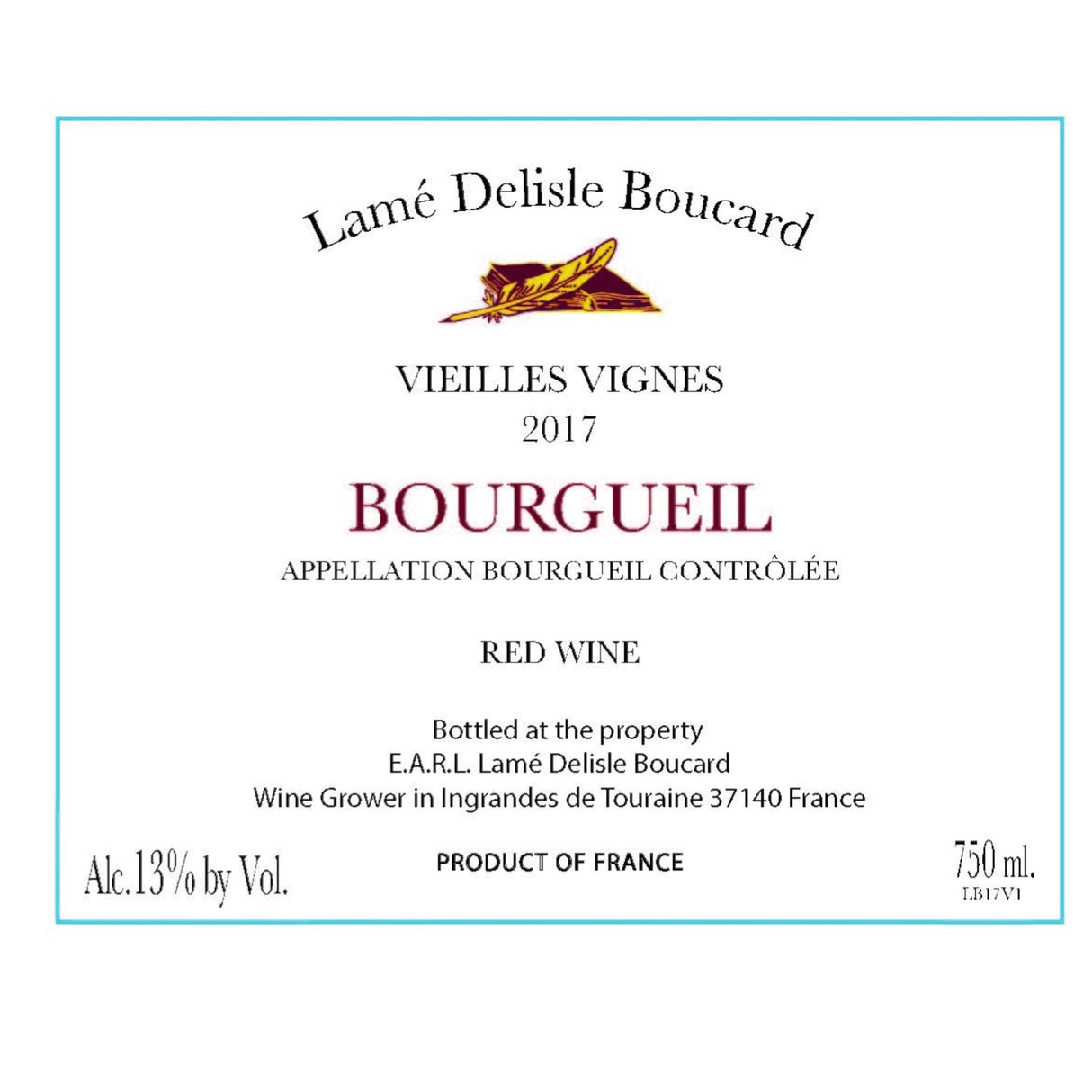 Lame Delisle Boucard Bourgueil Vieilles Vignes 2022 red wine bottle 750mL from France